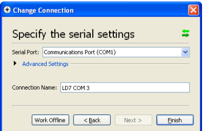 Select the Serial port on your PC interfaced with the LD7 unit and enter a Connection name